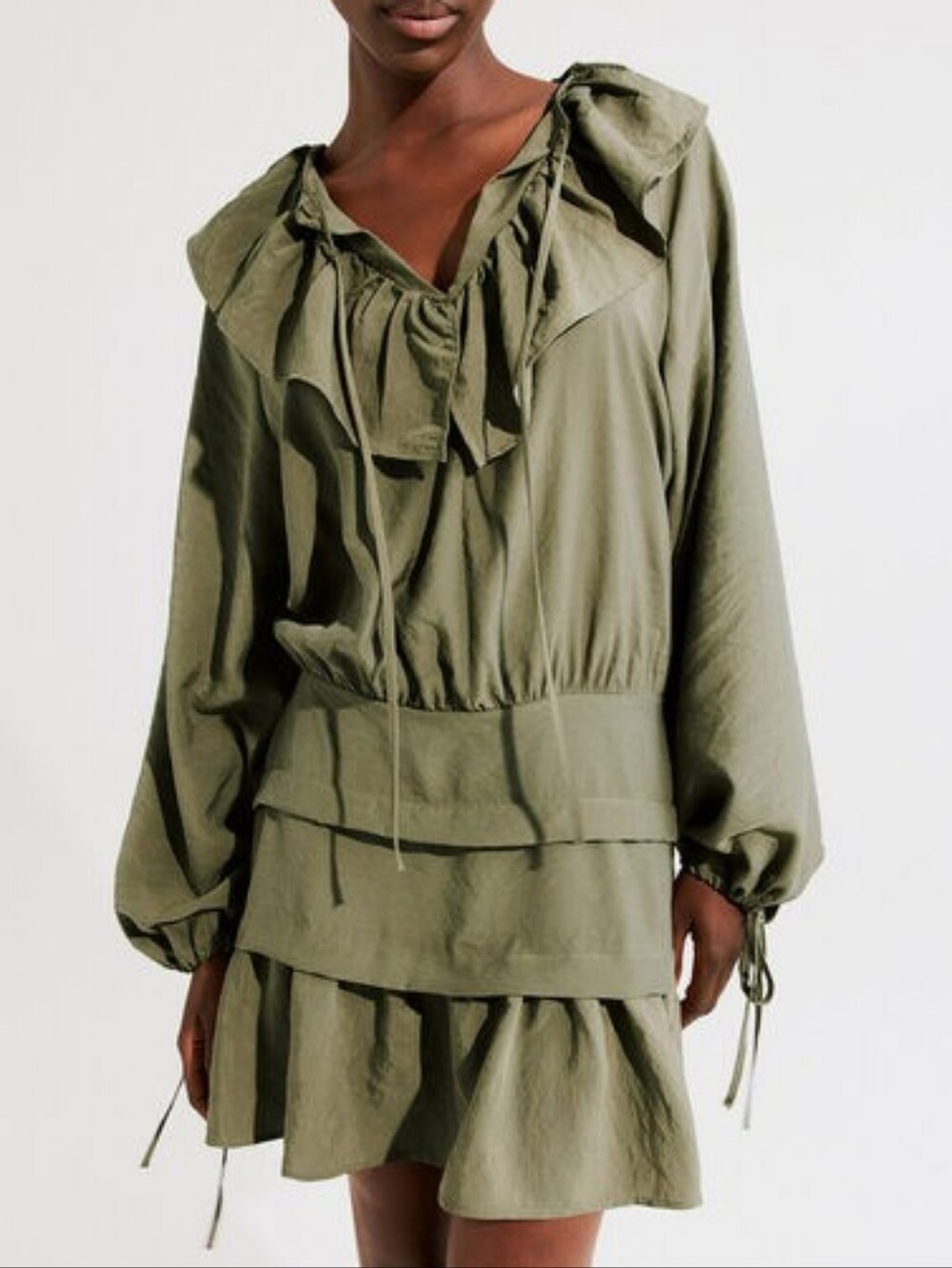 h&m frill / flounced collar cottagecore dress khaki green M